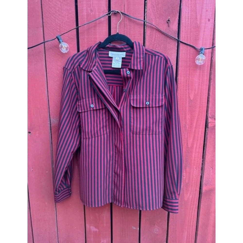 Jones New York Women's Size 14 Red Black Striped Button Down Blouse